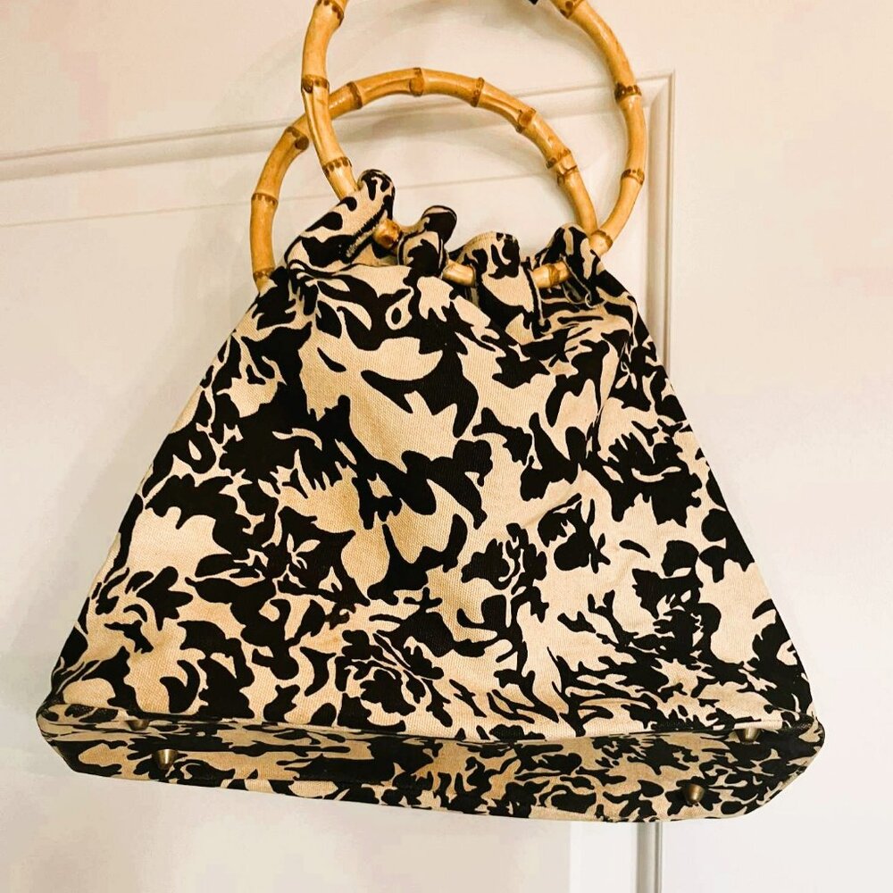 Bamboo Handle Canvas Tote Neutral Black Print Bag 24×25 Excellent Condition